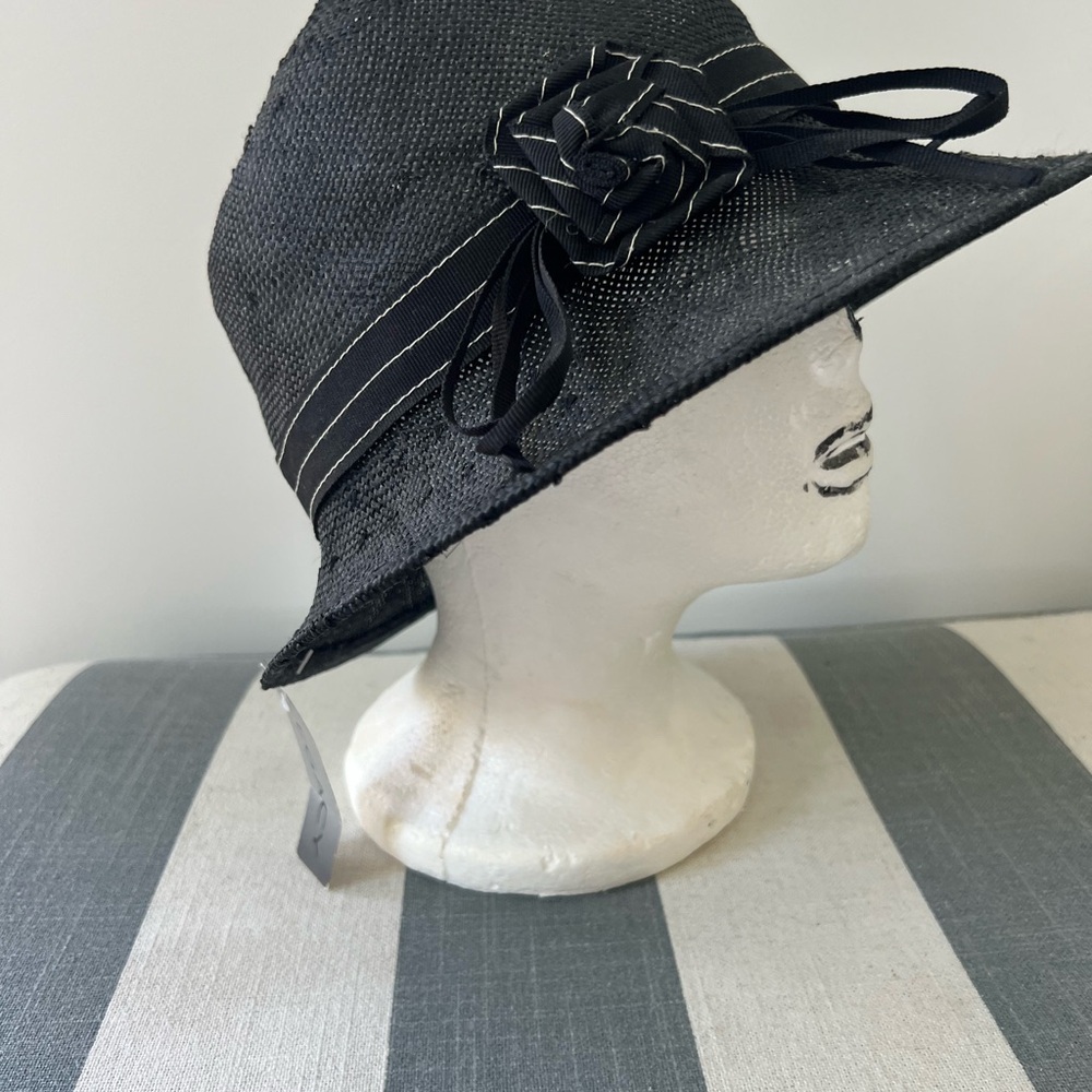 Black Straw Cloche Hat with Ribbon Rose